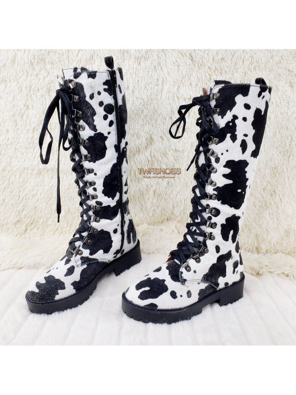 Savage Cow Combat Lace Up Knee Boots Faux Cow Print Brand New
